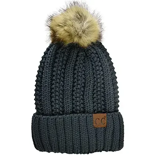 C.C Thick Cable Knit Faux Fuzzy Fur Pom Fleece Lined Skull Cap Cuff Beanie - C.C