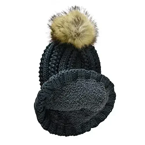 C.C Thick Cable Knit Faux Fuzzy Fur Pom Fleece Lined Skull Cap Cuff Beanie - 2