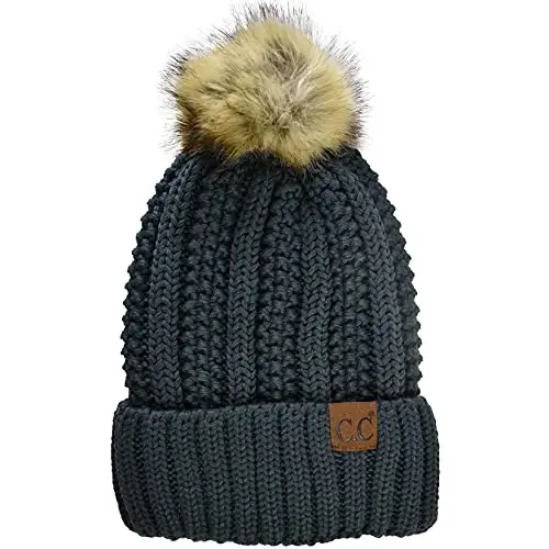 C.C Thick Cable Knit Faux Fuzzy Fur Pom Fleece Lined Skull Cap Cuff Beanie - 1
