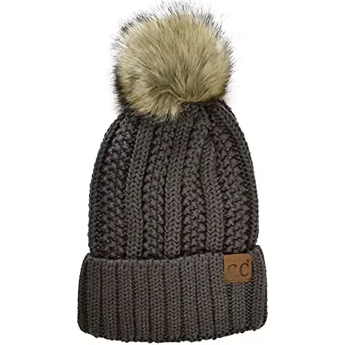C.C Thick Cable Knit Faux Fuzzy Fur Pom Fleece Lined Skull Cap Cuff Beanie 