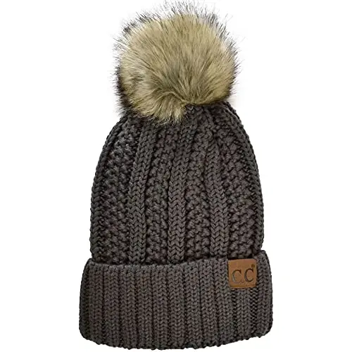 C.C Thick Cable Knit Faux Fuzzy Fur Pom Fleece Lined Skull Cap Cuff Beanie - 1