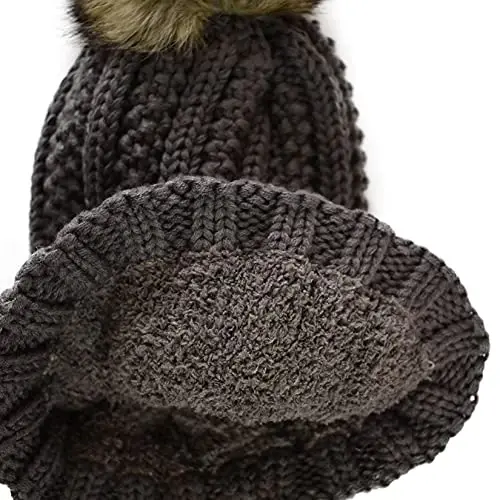 C.C Thick Cable Knit Faux Fuzzy Fur Pom Fleece Lined Skull Cap Cuff Beanie - 2