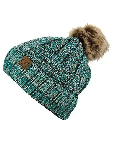C.C Thick Cable Knit Faux Fuzzy Fur Pom Fleece Lined Skull Cap Cuff Beanie - 3