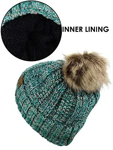 C.C Thick Cable Knit Faux Fuzzy Fur Pom Fleece Lined Skull Cap Cuff Beanie - 4