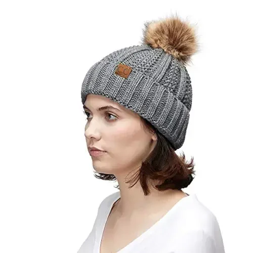 C.C Thick Cable Knit Faux Fuzzy Fur Pom Fleece Lined Skull Cap Cuff Beanie - 4