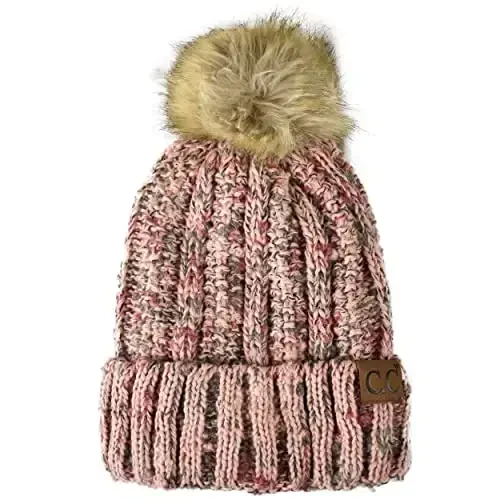 C.C Thick Cable Knit Faux Fuzzy Fur Pom Fleece Lined Skull Cap Cuff Beanie - 1