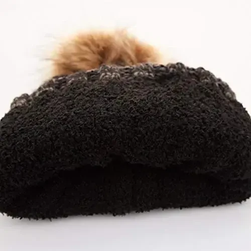 C.C Thick Cable Knit Faux Fuzzy Fur Pom Fleece Lined Skull Cap Cuff Beanie - 3