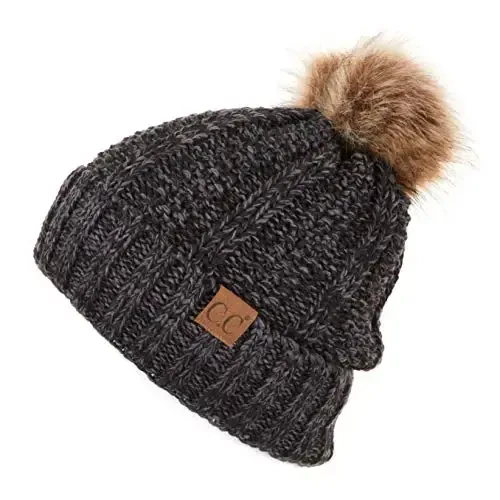 C.C Thick Cable Knit Faux Fuzzy Fur Pom Fleece Lined Skull Cap Cuff Beanie 
