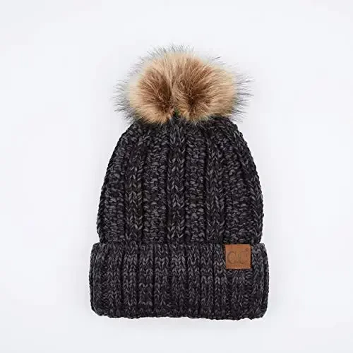 C.C Thick Cable Knit Faux Fuzzy Fur Pom Fleece Lined Skull Cap Cuff Beanie - C.C (1)