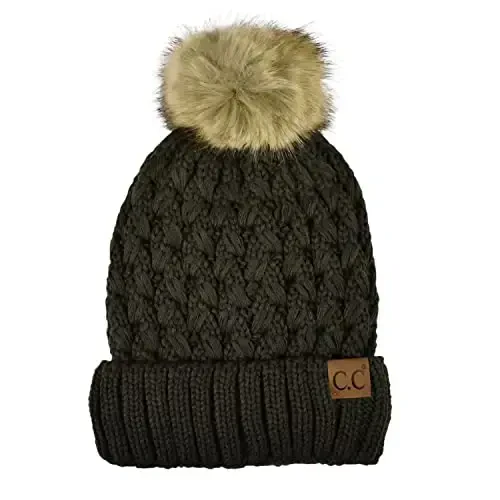 C.C Thick Cable Knit Faux Fuzzy Fur Pom Fleece Lined Skull Cap Cuff Beanie - C.C