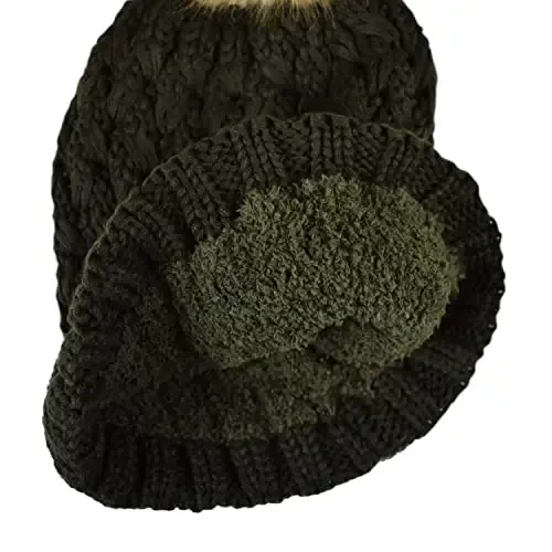 C.C Thick Cable Knit Faux Fuzzy Fur Pom Fleece Lined Skull Cap Cuff Beanie - 4