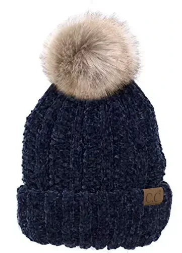 C.C Thick Cable Knit Faux Fuzzy Fur Pom Fleece Lined Skull Cap Cuff Beanie - 1