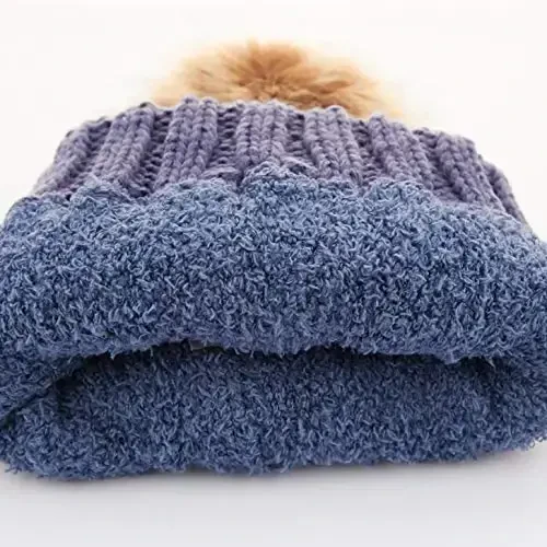 C.C Thick Cable Knit Faux Fuzzy Fur Pom Fleece Lined Skull Cap Cuff Beanie - 3