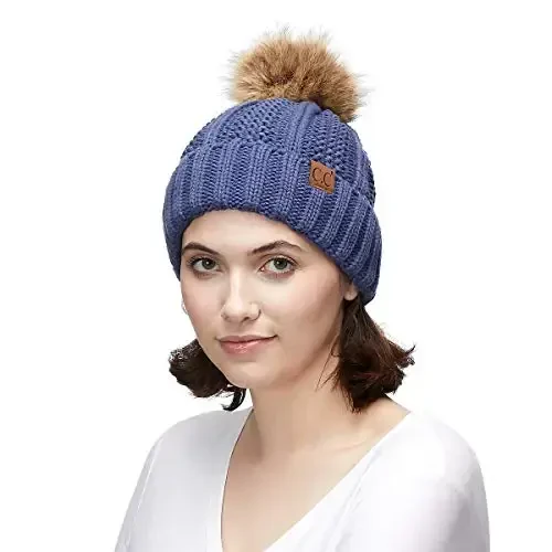 C.C Thick Cable Knit Faux Fuzzy Fur Pom Fleece Lined Skull Cap Cuff Beanie - 4