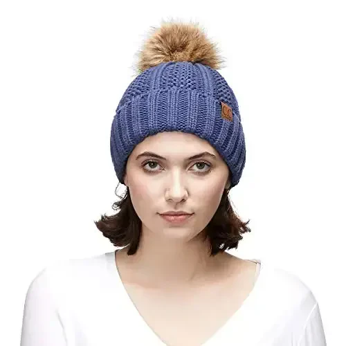 C.C Thick Cable Knit Faux Fuzzy Fur Pom Fleece Lined Skull Cap Cuff Beanie - 5
