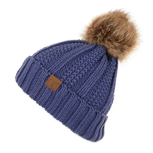 C.C Thick Cable Knit Faux Fuzzy Fur Pom Fleece Lined Skull Cap Cuff Beanie - 1