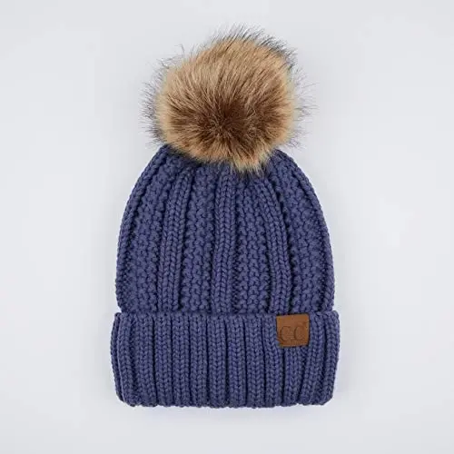 C.C Thick Cable Knit Faux Fuzzy Fur Pom Fleece Lined Skull Cap Cuff Beanie - 2