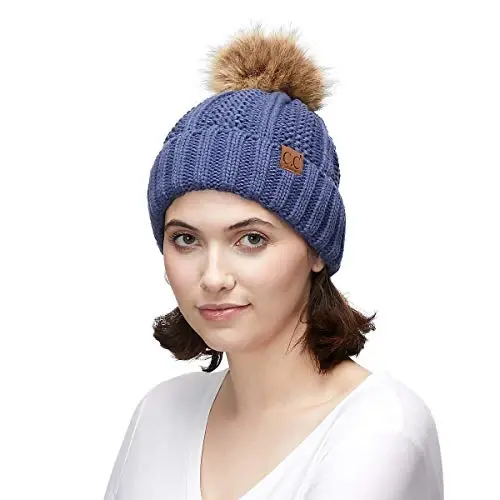 C.C Thick Cable Knit Faux Fuzzy Fur Pom Fleece Lined Skull Cap Cuff Beanie - 4