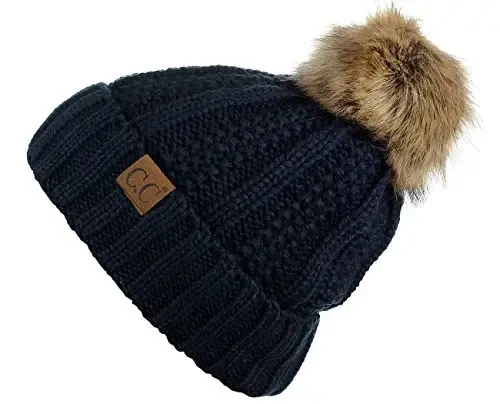 C.C Thick Cable Knit Faux Fuzzy Fur Pom Fleece Lined Skull Cap Cuff Beanie - 2