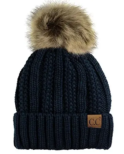 C.C Thick Cable Knit Faux Fuzzy Fur Pom Fleece Lined Skull Cap Cuff Beanie - 1