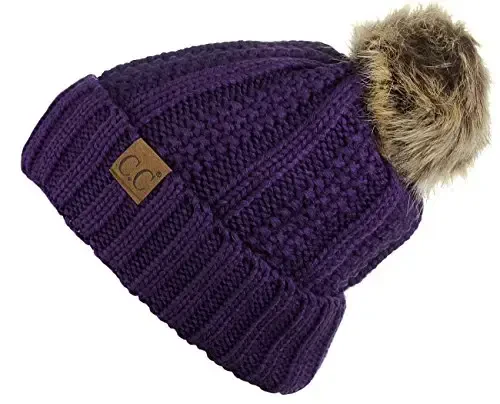 C.C Thick Cable Knit Faux Fuzzy Fur Pom Fleece Lined Skull Cap Cuff Beanie - 2