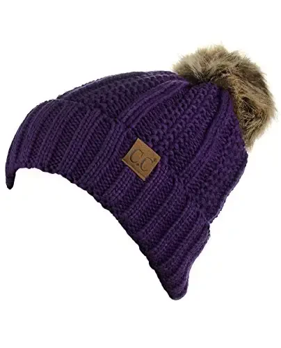 C.C Thick Cable Knit Faux Fuzzy Fur Pom Fleece Lined Skull Cap Cuff Beanie - 3