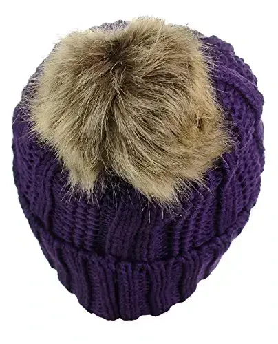 C.C Thick Cable Knit Faux Fuzzy Fur Pom Fleece Lined Skull Cap Cuff Beanie - 4