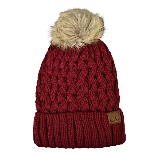C.C Thick Cable Knit Faux Fuzzy Fur Pom Fleece Lined Skull Cap Cuff Beanie - C.C