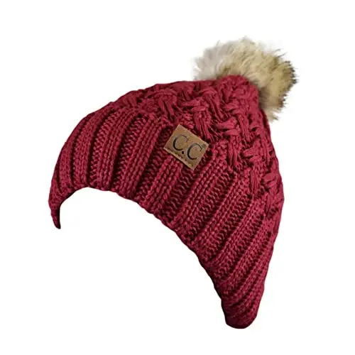 C.C Thick Cable Knit Faux Fuzzy Fur Pom Fleece Lined Skull Cap Cuff Beanie - C.C (1)