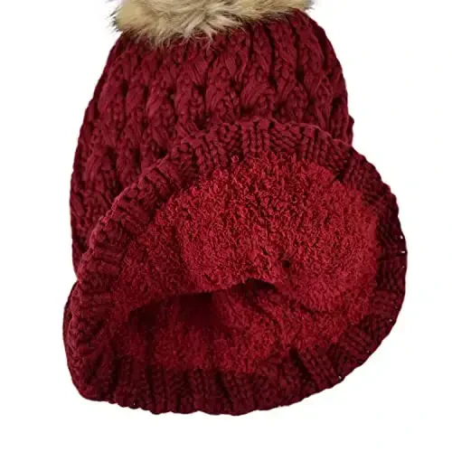 C.C Thick Cable Knit Faux Fuzzy Fur Pom Fleece Lined Skull Cap Cuff Beanie - 4