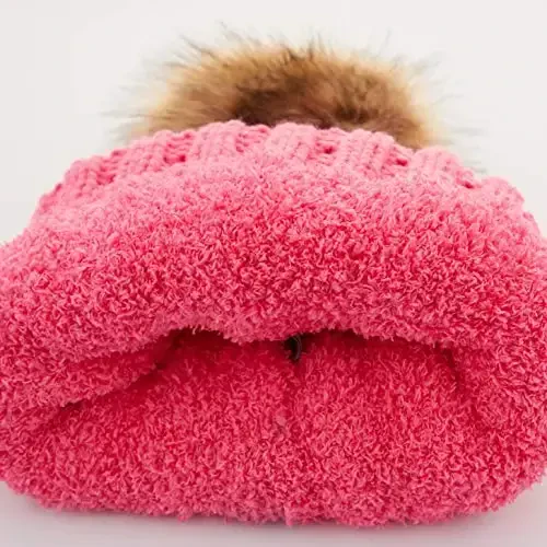 C.C Thick Cable Knit Faux Fuzzy Fur Pom Fleece Lined Skull Cap Cuff Beanie - 3