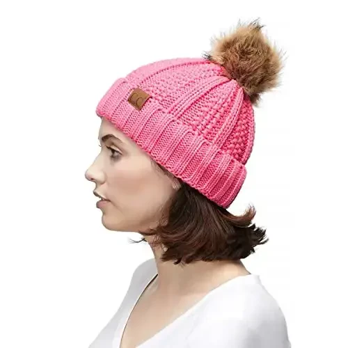 C.C Thick Cable Knit Faux Fuzzy Fur Pom Fleece Lined Skull Cap Cuff Beanie - 5