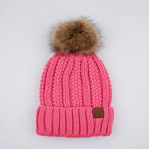 C.C Thick Cable Knit Faux Fuzzy Fur Pom Fleece Lined Skull Cap Cuff Beanie - 2