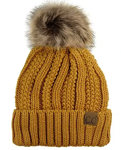 C.C Thick Cable Knit Faux Fuzzy Fur Pom Fleece Lined Skull Cap Cuff Beanie - MODAZONE