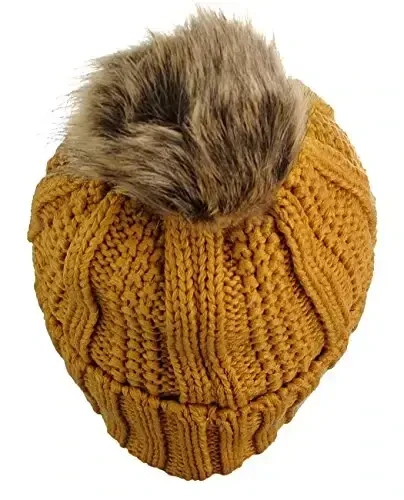 C.C Thick Cable Knit Faux Fuzzy Fur Pom Fleece Lined Skull Cap Cuff Beanie - 4