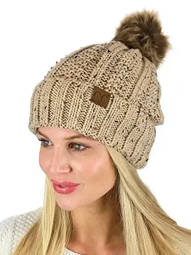 C.C Thick Cable Knit Faux Fuzzy Fur Pom Fleece Lined Skull Cap Cuff Beanie - 3