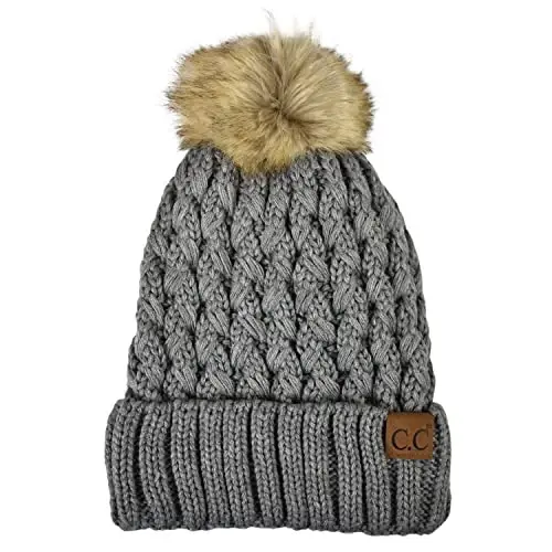 C.C Thick Cable Knit Faux Fuzzy Fur Pom Fleece Lined Skull Cap Cuff Beanie 