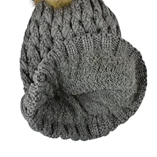 C.C Thick Cable Knit Faux Fuzzy Fur Pom Fleece Lined Skull Cap Cuff Beanie - 2