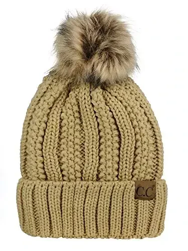 C.C Thick Cable Knit Faux Fuzzy Fur Pom Fleece Lined Skull Cap Cuff Beanie 