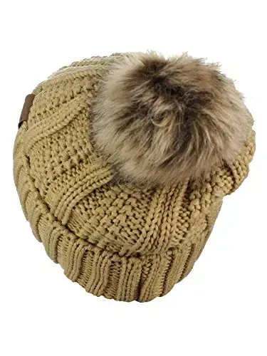 C.C Thick Cable Knit Faux Fuzzy Fur Pom Fleece Lined Skull Cap Cuff Beanie - 4