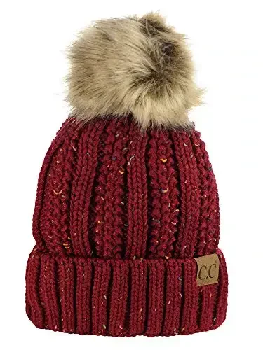 C.C Thick Cable Knit Faux Fuzzy Fur Pom Fleece Lined Skull Cap Cuff Beanie - C.C
