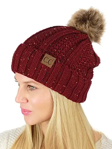 C.C Thick Cable Knit Faux Fuzzy Fur Pom Fleece Lined Skull Cap Cuff Beanie - 3