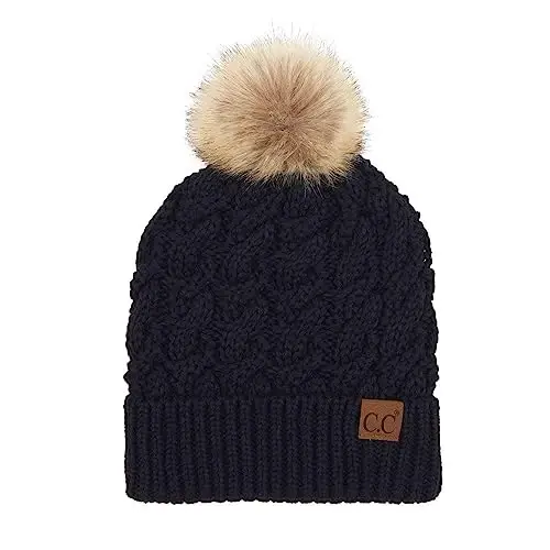 C.C Thick Cable Knit Faux Fuzzy Fur Pom Fleece Lined Skull Cap Cuff Beanie 
