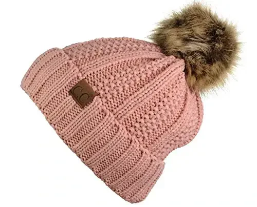 C.C Thick Cable Knit Faux Fuzzy Fur Pom Fleece Lined Skull Cap Cuff Beanie - C.C (1)