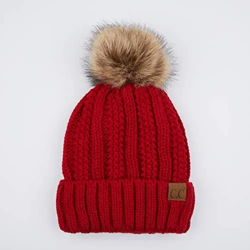 C.C Thick Cable Knit Faux Fuzzy Fur Pom Fleece Lined Skull Cap Cuff Beanie - C.C (1)