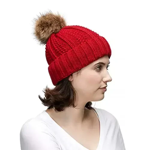 C.C Thick Cable Knit Faux Fuzzy Fur Pom Fleece Lined Skull Cap Cuff Beanie - 4