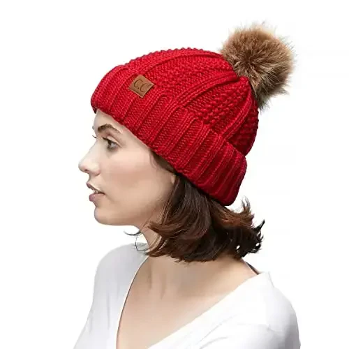 C.C Thick Cable Knit Faux Fuzzy Fur Pom Fleece Lined Skull Cap Cuff Beanie - 5