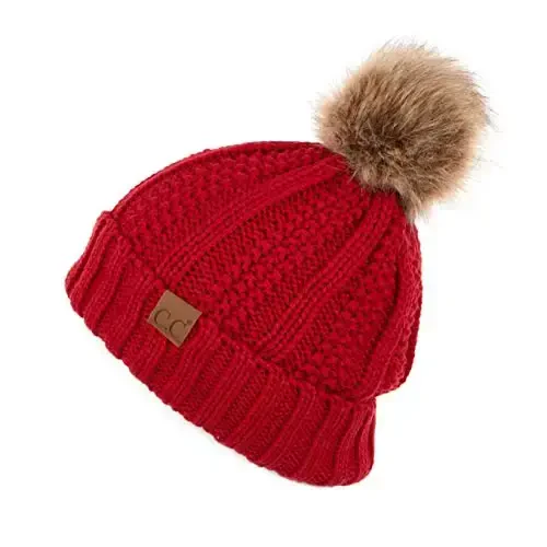 C.C Thick Cable Knit Faux Fuzzy Fur Pom Fleece Lined Skull Cap Cuff Beanie - 1