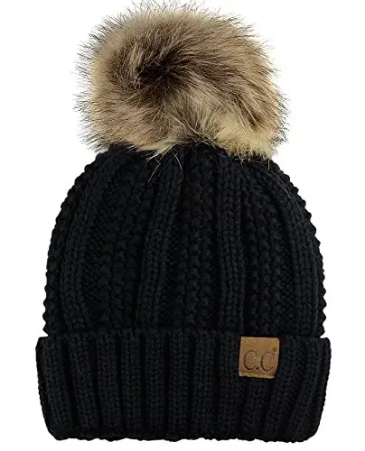 C.C Thick Cable Knit Faux Fuzzy Fur Pom Fleece Lined Skull Cap Cuff Beanie - MODAZONE