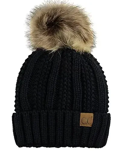 C.C Thick Cable Knit Faux Fuzzy Fur Pom Fleece Lined Skull Cap Cuff Beanie - 1